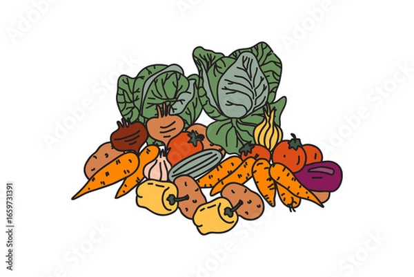 Obraz Set botanical different vegetables isolated on white background.Hand drawn cartoon colorful veggies with Cabbage Carrot Pepper Potato Onion Tomato vector illustration.Graphic design element collection