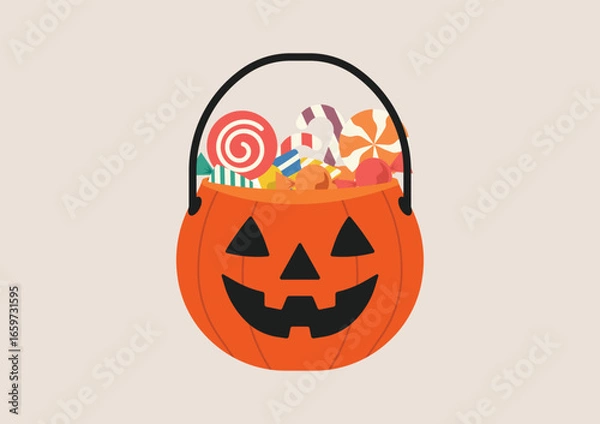 Fototapeta Orange pumpkin bucket filled with assorted candies and lollipops, jack o lantern face with black handle, symbol of trick or treat on Halloween celebration. Flat vector illustration