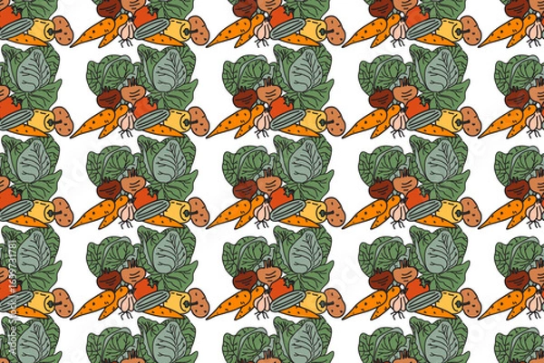 Obraz Set botanical decorative different vegetables isolated on white background. Hand drawn cartoon colorful veggies with Cabbage Carrot Peas Pepper Onion Tomato vector illustration Graphic design elements