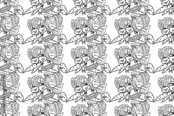 Obraz Line art botanical vegetables seamless pattern vector illustration.Repeating different veggies with Carrot Pepper Onion Potato Tomato in white background. Graphic design for Cover Fashion Textile Card