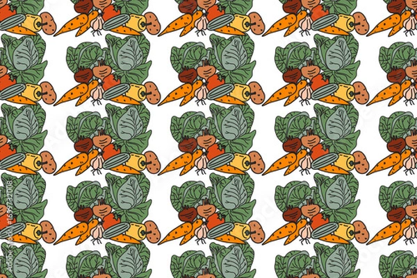 Obraz Set botanical decorative different vegetables isolated on white background. Hand drawn cartoon colorful veggies with Cabbage Carrot Peas Pepper Onion Tomato vector illustration Graphic design elements