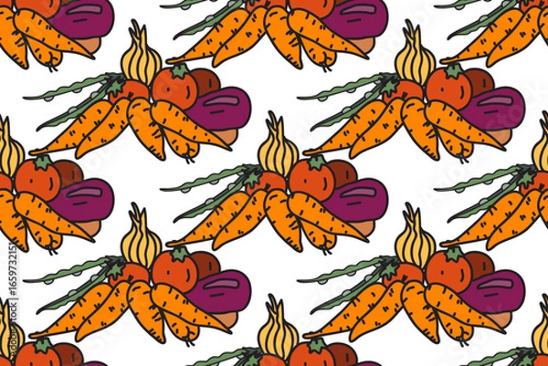 Obraz Botanical colorful vegetables seamless pattern vector illustration. Repeating cartoon different veggies with Carrot Onion Potato Tomato in white background. Graphic design for Cover Fashion Textile