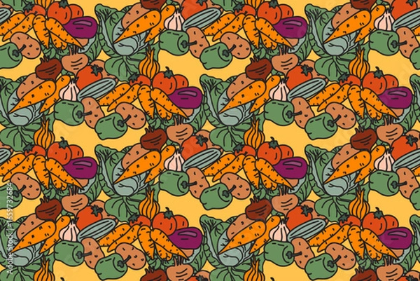Obraz Botanical colorful vegetables seamless pattern vector illustration. Repeating cartoon different veggies with Cabbage Carrot Pepper Onion Potato Tomato in yellow background. Graphic design for Cover