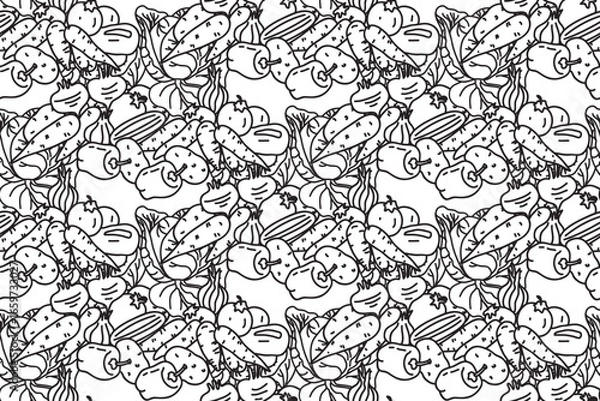 Obraz Line art botanical vegetables seamless pattern vector illustration.Repeating different veggies with Carrot Pepper Onion Potato Tomato in white background. Graphic design for Cover Fashion Textile Card