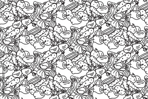 Obraz Line art botanical vegetables seamless pattern vector illustration.Repeating different veggies with Carrot Pepper Onion Potato Tomato in white background. Graphic design for Cover Fashion Textile Card