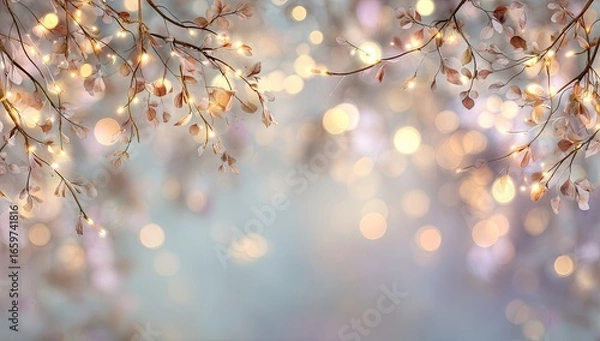 Fototapeta Festive, warm light, bokeh, branches, winter background