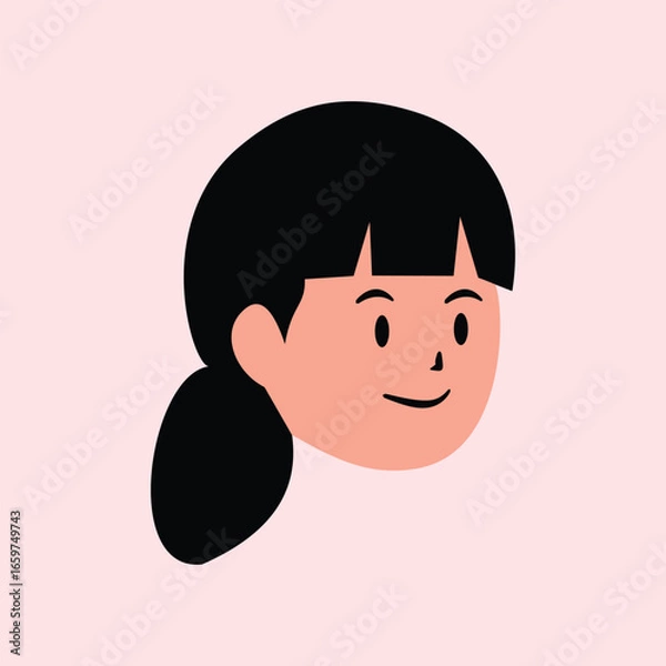 Fototapeta Illustration of a girl's face with black hair and a simple smile, suitable for education, children, school, health and modern graphic design themes.