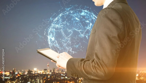 Fototapeta Businessperson Using Tablet with Futuristic Interface Against Cityscape