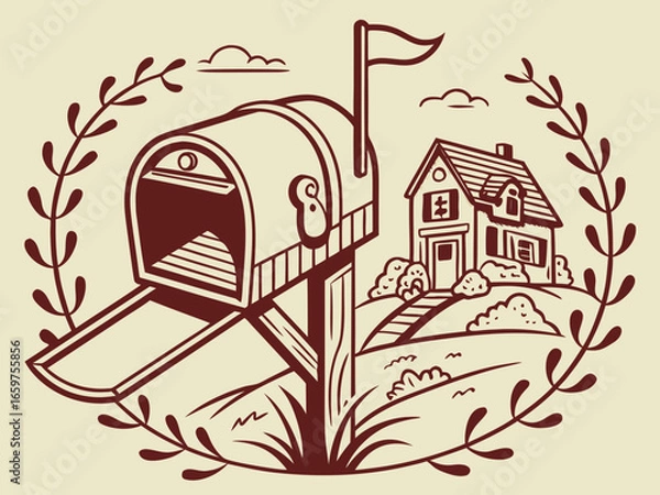 Fototapeta Cute, stylized illustration of a mail box. A simple, hand-drawn vector graphic of a mail box, perfect for branding, logos, or social media posts.