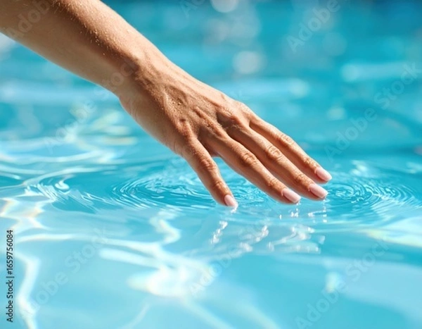 Fototapeta Hand touching crystal clear blue water creating ripples and circular waves in swimming pool