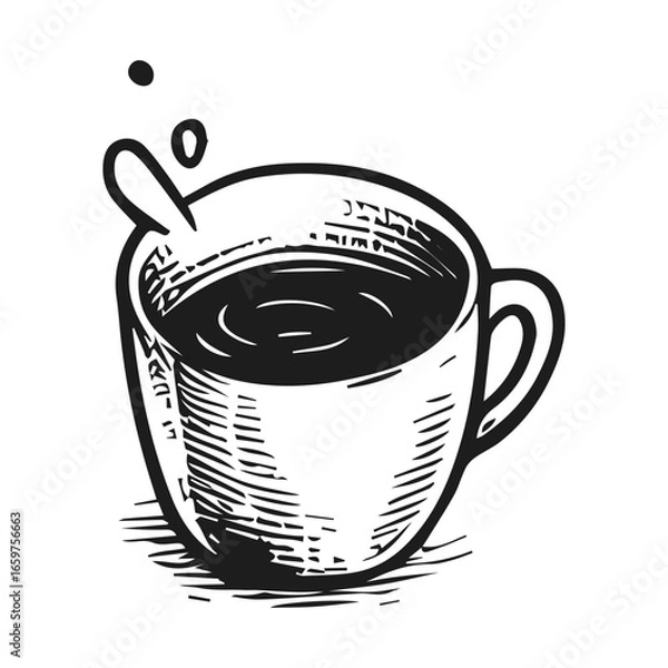 Fototapeta Monochrome coffee cup with swirling splash in whimsical sketch style, vector