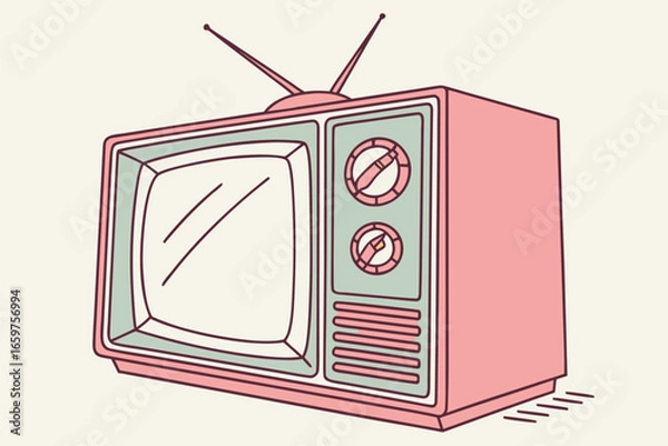 Fototapeta Illustration of a retro television set with antenna and knobs on white