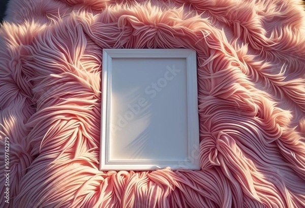 Obraz Blank White Frame on Soft Pink Fur Elegant Mockup for Design Inspiration