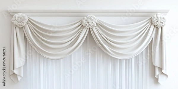 Fototapeta A luxurious valance with draped fabric and floral embellishments is mounted on a decorative molding. The valance features a classic, elegant design 