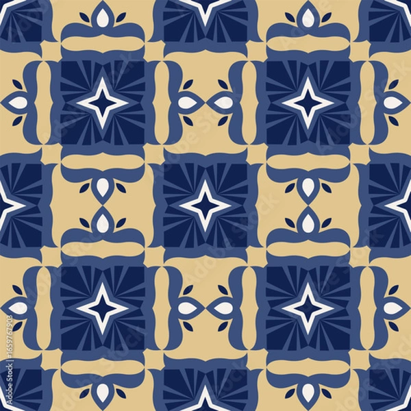 Fototapeta Floral geometric patterns for tile,Textile, border, flat design Blue tone yellow background