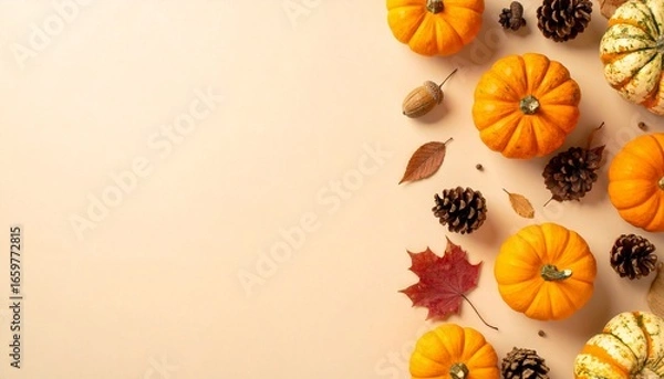 Fototapeta A seasonal arrangement of pumpkins, pinecones, leaves, and acorns, creating a fall-themed composition.