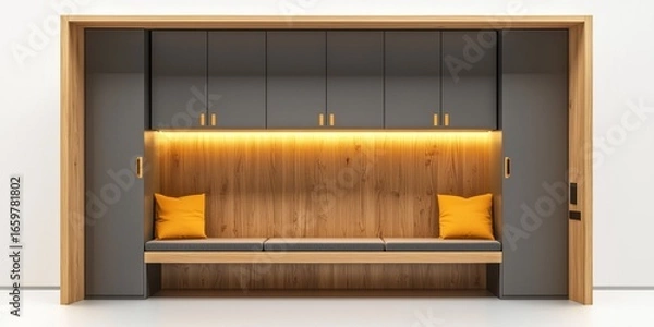 Fototapeta A modern, minimalist built-in bench unit is presented against a white wall. The unit features a dark gray frame and gray cabinets with multiple doors and drawers. 