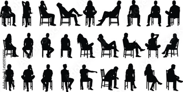 Fototapeta Silhouette people sitting in various poses on chairs, relaxed, casual, upright postures, vector design, human figures, lifestyle concept, black outlines