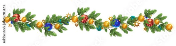 Fototapeta Border garland of Christmas tree branches decorated with colorful ornaments.