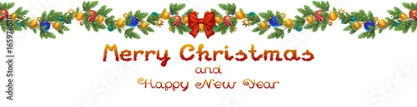Fototapeta Border garland of Christmas tree branches decorated with colorful ornaments.