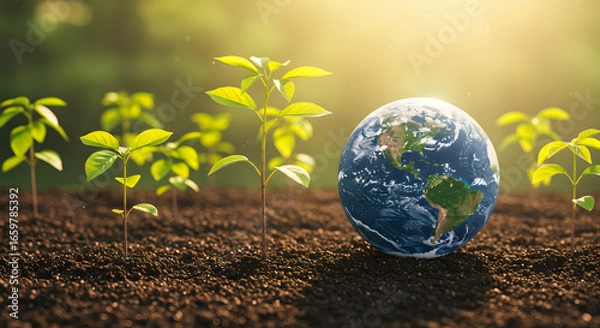 Obraz Global Green Growth: Earth Globe and Vibrant Young Plants in Fertile Soil, Symbolizing Environmental Sustainability and Future Hope