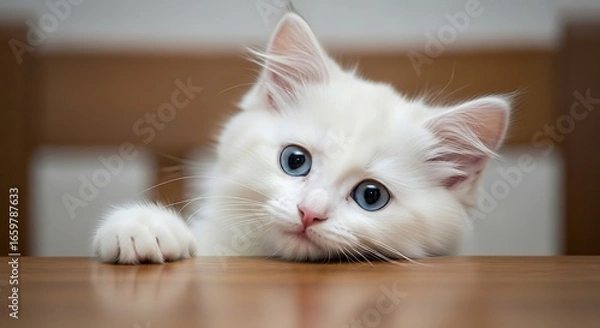 Fototapeta White kitten lying on floor
