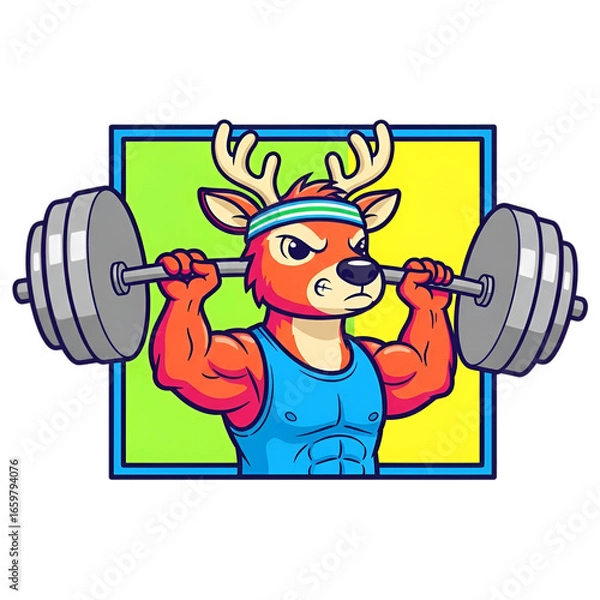 Obraz Strong Cartoon Deer Gym Lifter with Muscular Arms and Barbell in Bright Colorful Background