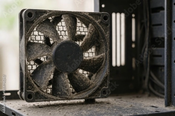 Fototapeta efficiency recession concept. Dusty computer fan inside a case showing neglect and dirt buildup.