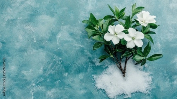 Fototapeta Elegant white flowers with green leaves on a textured blue background create a sense of calm and