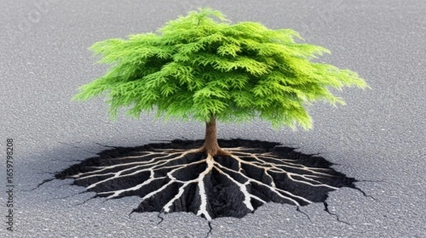Fototapeta Resilience shown by a vibrant tree breaking through cracked asphalt ground, symbolizing growth