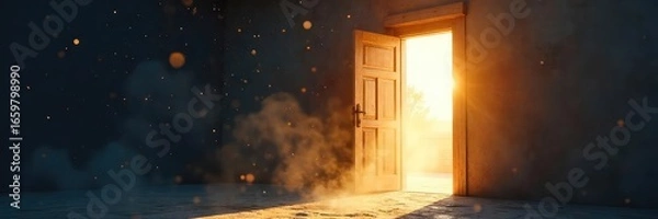 Fototapeta A wide open door, sunlight streaming in, illuminating dust motes in the air Inviting and welcoming, suggesting new beginnings and opportunity , doorway, home, bright future