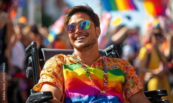 Fototapeta Inclusive image of a disabled homosexual man in a wheelchair, wearing a rainbow pride flag during Pride festivities. The image reflects LGBTQ+ disability inclusion and representation, Generative AI