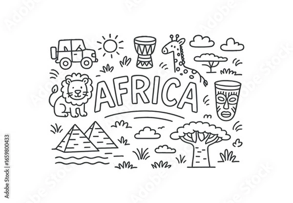Fototapeta Cute doodle style illustration with large central word Africa surrounded by various simple stroke line art doodles like safari lion giraffe drum pyramid tribal mask baobab tree and savanna