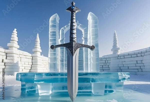 Obraz A powerful fantasy sword with a jeweled hilt stands frozen in ice before a magnificent winter ice castle sculpture.