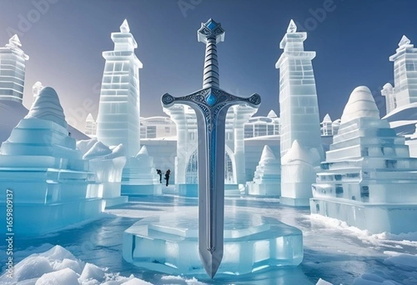 Obraz Legendary fantasy blade encased in ice, a magical centerpiece in a frozen kingdom of elaborate sculptures.