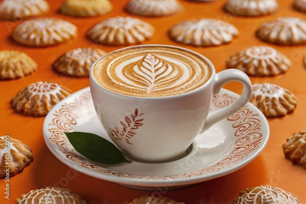 Fototapeta Coffee cup with latte art surrounded by cookies saucer