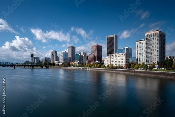 Fototapeta Skyline wide view of a city river hugging skyscrapers like jewels on a crown.