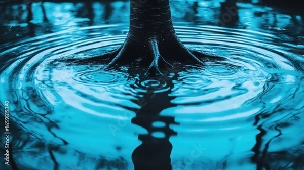 Fototapeta Mystical tree in blue water with ripple patterns creating a tranquil scene of nature