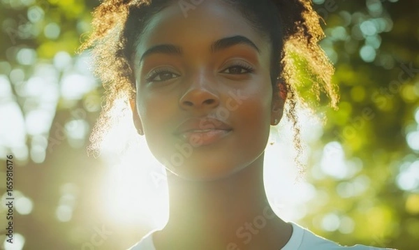 Fototapeta Close-up of a happy young mixed-race Black woman jogging outdoors in nature. The image captures a moment of physical activity and well-being, promoting a healthy lifestyle, Generative AI