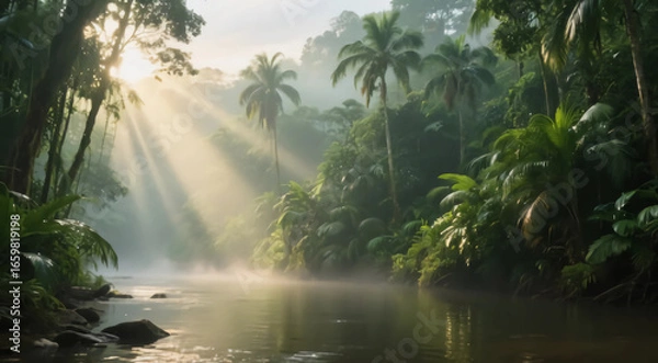 Fototapeta Jungle Paradise: Sunbeams pierce through the lush canopy of a pristine tropical jungle, illuminating a serene river meandering through a verdant paradise.