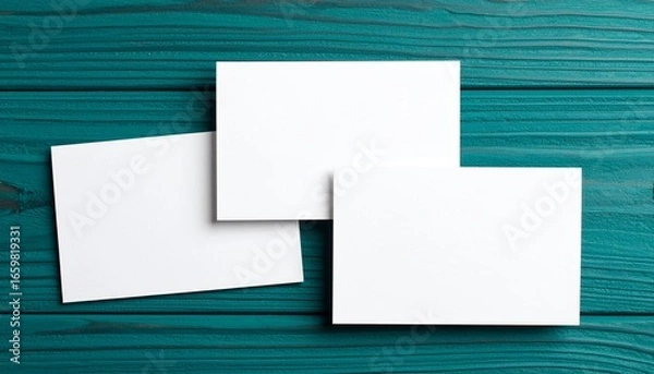 Obraz Three Blank White Cards Mockup on Teal Wooden Background