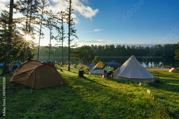 Obraz 湖畔での夏キャンプ