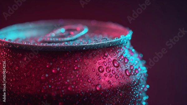 Fototapeta Close up of a Condensation droplet on red refreshing soda can tab isolated on red background 