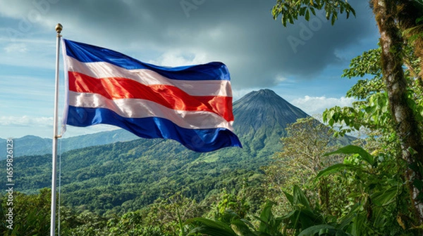 Fototapeta Costa Rica flag waves in the wind with a volcano and lush greenery in the background during independence day celebration