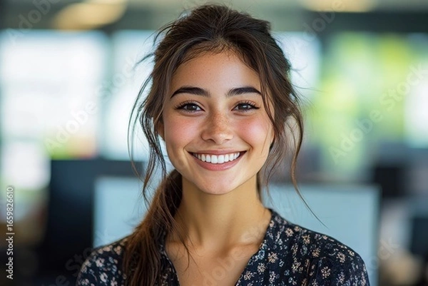 Fototapeta Happy attractive young mixed-race woman smiling in the office. The image promotes positive and inclusive workplace culture, reflecting the benefits of diversity in professional settings, Generative AI