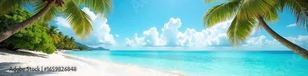 Fototapeta Sun-drenched beach scene with turquoise water, palm trees swaying gently in the breeze, and white sand Perfect for summer vacation themes , landscape, water