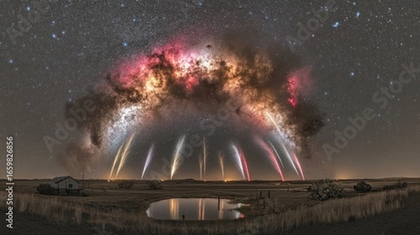 Fototapeta Spectacular cosmic display of sprites and milky way over rural landscape at night