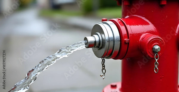 Fototapeta A close-up photo of a red fire hydrant left open to gush a high pressure stream of water into a residential neighborhood.