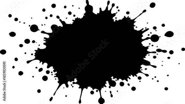 Fototapeta Vector black ink blot with irregular edges and scattered droplets on a white background creating a dynamic splash effect