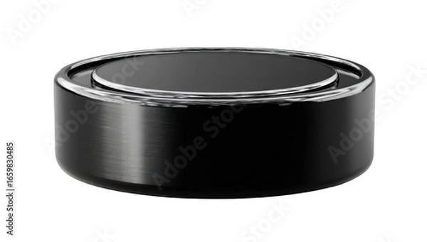 Fototapeta Sleek black metallic disk with silver rim, glossy surface, isolated on black